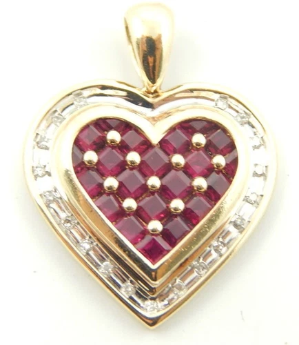 ESTATE 10K YELLOW GOLD RUBY DIAMOND HEART 0.75x1 INCH PENDANT 3.0 GRAMS - $436.95