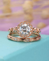14K Rose Gold Finish Round Sim Diamond Bridal Wedding Filigree Ring Set - £59.97 GBP