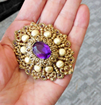 VINTAGE Amethyst Rhinestone Faux Pearl Domed Large Brooch Pin 2 5/8&quot; x 2... - £39.46 GBP
