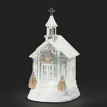 Crystal church with gold and silver flocked trees and wreath lighted water snowg - £102.35 GBP