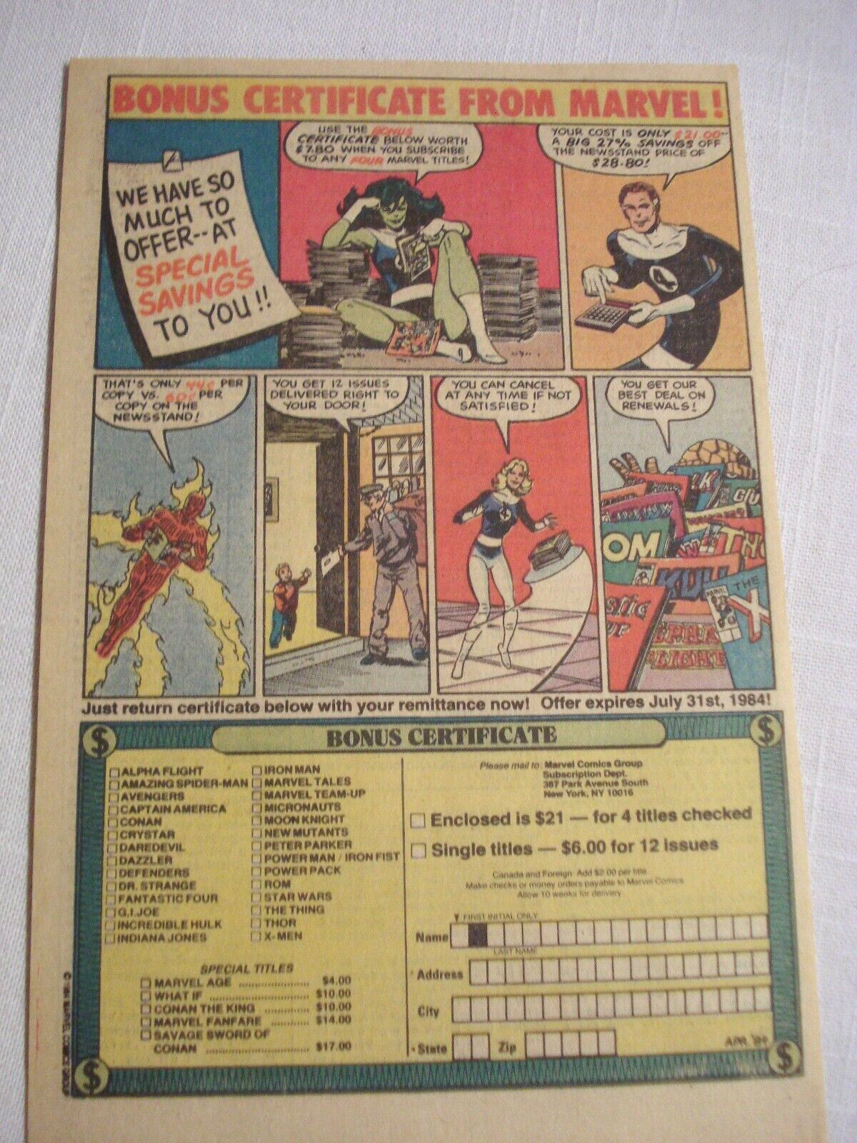 1984 Color Ad  Marvel Comic Subscriptions with She-Hulk and Fantastic Four - $7.99