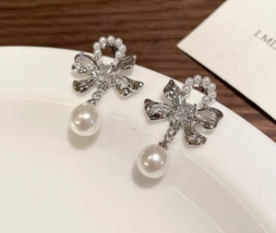 New Korean high-grade bow pearl earrings female light luxury temperament stud - £15.27 GBP