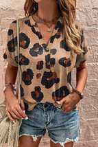 Light French Beige Leopard Folded Short Sleeve Buttoned V Neck T Shirt - £15.43 GBP