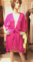 Girly Pink Semi Sheer Glam Robe Metallic Threads~Elastic Waist~Attached Tie~Sz M - £7.72 GBP