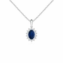 Oval Sapphire Pendant with Floral Diamond Halo in 14K White Gold - £492.81 GBP