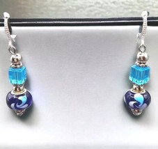 Artisan Handcrafted Glass Beads Earrings Blue Color Tones Glass Acrylic Beads  - £6.62 GBP