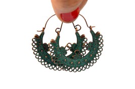 Ethnic Gypsy Earrings, Blue Green Copper Hoops, Vintage Style, Verdigris Patina - £11.00 GBP