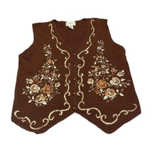 Jenny Cropped Vest Sweater Womens Brown Floral Cotton Ribbed Button-Front - $26.11