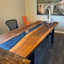 Handmade Dining Table With Acacia Wood &amp; Epoxy Blue Resin Conference Table Tops - £413.56 GBP+