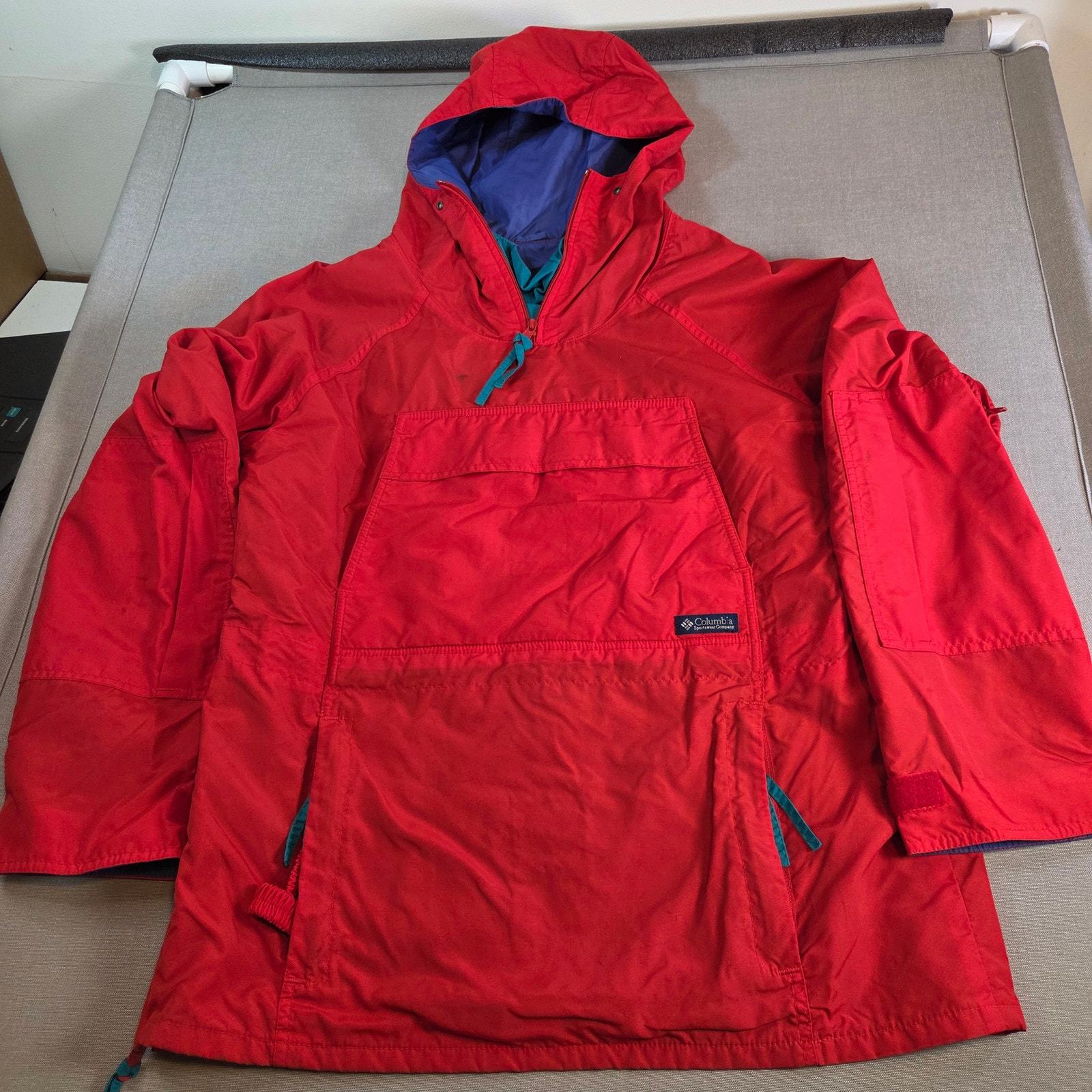 Vintage 90s Columbia Anorak Pullover Jacket Red Hooded Kangaroo Pocket M... - $49.95