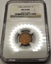 1948-G Federal Republic of Germany 1 Pfennig World Coin NGC MS62BN - $69.99