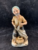 Vintage KSM Porcelain Figurine Old Fisherman Holding Net Fish Basket Nau... - $9.88