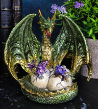 Metallic Green Gold Terra Mother Dragon Guarding 2 Wyrmlings In Eggs Figurine - £19.33 GBP