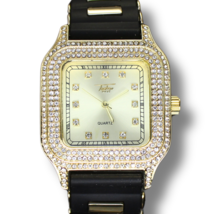 Men&#39;s 2 Row Square Bezel Iced up 40mm Hip Hop CZ Gold Plated Rubber Band... - £19.95 GBP