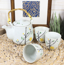 Ebros Japanese Yellow Cherry Blossom Sakura Blossoms Ceramic Tea Pot &amp; 4 Cups - £24.89 GBP