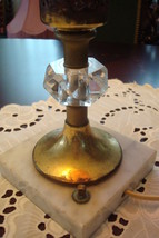 Vintage TABLE BOUDOIR LAMP , glass, brass and marble base with red shade - $54.45