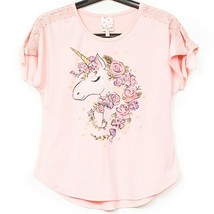 Belle du Jour Unicorn Shirt L Girls Pink Short Sleeve Tie Lace Flowers Stretch - £9.24 GBP