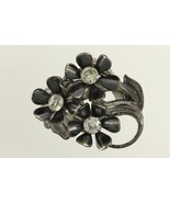 Vintage Costume Jewelry Gray Enamel Silver Tone Rhinestone Floral Fur Clip - $14.79