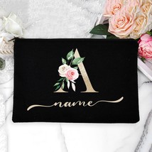 Personalized Name Women Makeup Bag Gold Alphabet Flowers Canvas Cosmetic... - $22.30