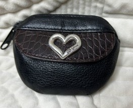 BRIGHTON Coin Purse Croc Embossed Black Brown Leather Silver Heart Emblem - £17.45 GBP