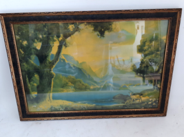 1920s Atkinson Fox Style Framed Litho Print, Lake in the Mountains with Deer - £53.53 GBP
