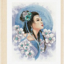 Stitching Serenity: Counted Cross Stitch Lady in Blue and Navy - DIY Embroidery - $190.03