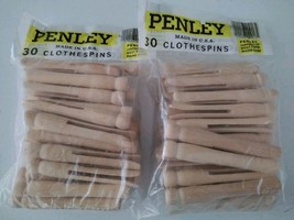 2 Packages Vintage Penley Wooden Clothes Pins Round Flat Head 30-count NOS 3.75&quot; - £22.19 GBP