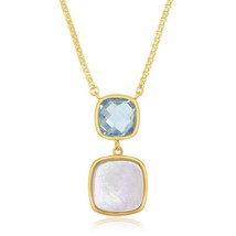 Double Square Blue Topaz and Mother of Pearl Necklace - Gold Plated - £99.78 GBP