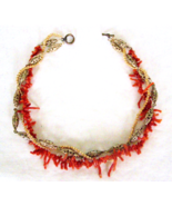 VINTAGE 3-STRAND TWIST SWIRL NECKLACE- DARK RED BRANCH CORAL+FILIGREE+GO... - $8.91
