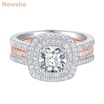 He halo cushion cut bridal set solid 925 sterling silver plug in rose gold wedding ring thumb200