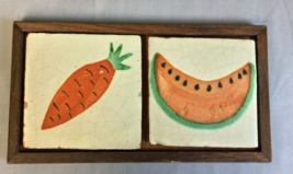 Vintage Trivet Pottery Hand Painted Clay Tiles Wood Frame Watermelon Carrot - £6.76 GBP
