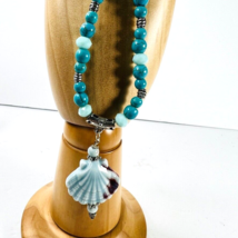 Turquoise Jasper Aqua Crystal Beaded Ceramic Shell Necklace Silvertone Adjust - £23.89 GBP