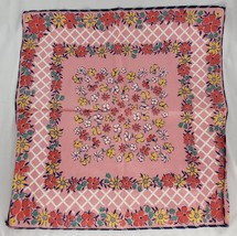 Vintage Linen Floral Handkerchief Pink Criss Cross Lattice Flowers Colorful - £25.96 GBP