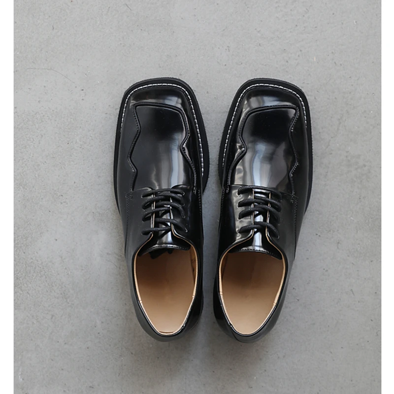 Modern Male Shining Black Oxfords British Style Square Toe Derby Shoes Man Must  - £129.52 GBP