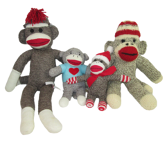 Sock Monkey Plush Lot Of 4 Schylling Dan Dee Target Brown Gray 9&quot; to 21&quot; Stuffed - £11.61 GBP
