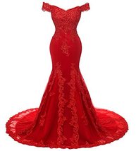 Kivary Shoulder Mermaid Long Lace Beaded Prom Dress Corset Evening Gowns 4 Red - £106.70 GBP