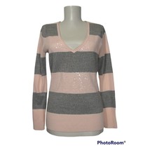 NEW YORK &amp; COMPANY Sz XS Sequined Peach Gray Stripe V-neck Sweater - $9.90