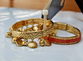 Gold Tone Stretch Bracelets 2 Bracelets 1 W Charms Hammered &amp; Rhinestones - £13.50 GBP