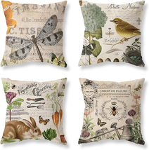 Beige Vintage Throw Pillow Covers 18X18 Set of 4 Rustic Farmhouse Bunny Bird Bee - £27.00 GBP