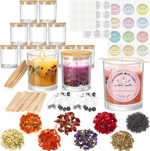 Clear Glass Candles Jars 12 Pack 10Oz with 8 Pack Dried Flowers Bamboo Lids Cand - £46.01 GBP