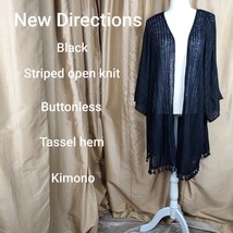 New Directions. Black Striped Open Knit  Buttonless Tassel Hem Kimono Si... - $16.00