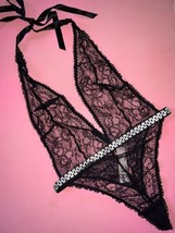 Victoria&#39;s Secret S,M TEDDY One-piece bodysuit BLACK lace SHINE STRAP belt - $89.09