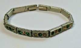 Vintage Art Deco Silver-tone Link Panel Bracelet Green &amp; Clear Rhinestones 7.5&quot; - $84.15