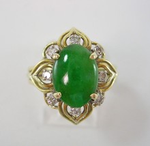 Fine Quality Oval Jade 10.4 X 7.6 mm &amp; 0.24 ctw Diamond Ring 14K YG Size 7.5 - £669.34 GBP