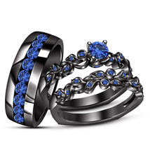 14K Black Gold Finish 2Ct Blue Sapphire His-Her Trio Engagement Ring Set  - £82.19 GBP