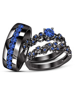 14K Black Gold Finish 2Ct Blue Sapphire His-Her Trio Engagement Ring Set  - $141.09 CAD