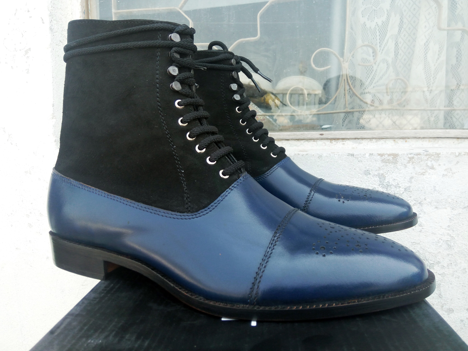 Two Tone Ankle Boots Black Suede Blue Premium Quality Leather Cap Toe Laceup