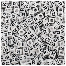 BeadTin White Opaque 6mm Cube Plastic Alphabet Beads- Black Letter R (80... - $2.09