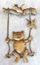 Cute JJ Happy Cat on Swing with Birds Gold-tone Brooch 1980s vintage - £15.76 GBP