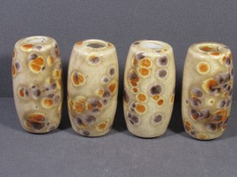 4 Macrame&#39; Large Beads Ceramic 2&quot; x 1.25&quot; Beige with Abstract Orange &amp; Gray Dots - £6.94 GBP